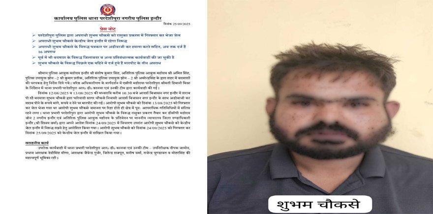 परदे शीपुरा पुलिस द्वारा अपराधी शुभम चौकसे को रासुका प्रकरण में गिरफ्तार कर भेजा जेल