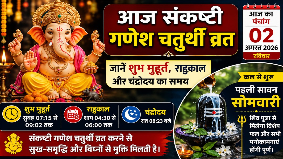 Aaj Ka Panchang 02 August 2026: आज संकष्टी गणेश चतुर्थी व्रत, जानें शुभ मुहूर्त, राहुकाल और कल की पहली सावन सोमवारी का महत्व 1 Aaj Ka Panchang